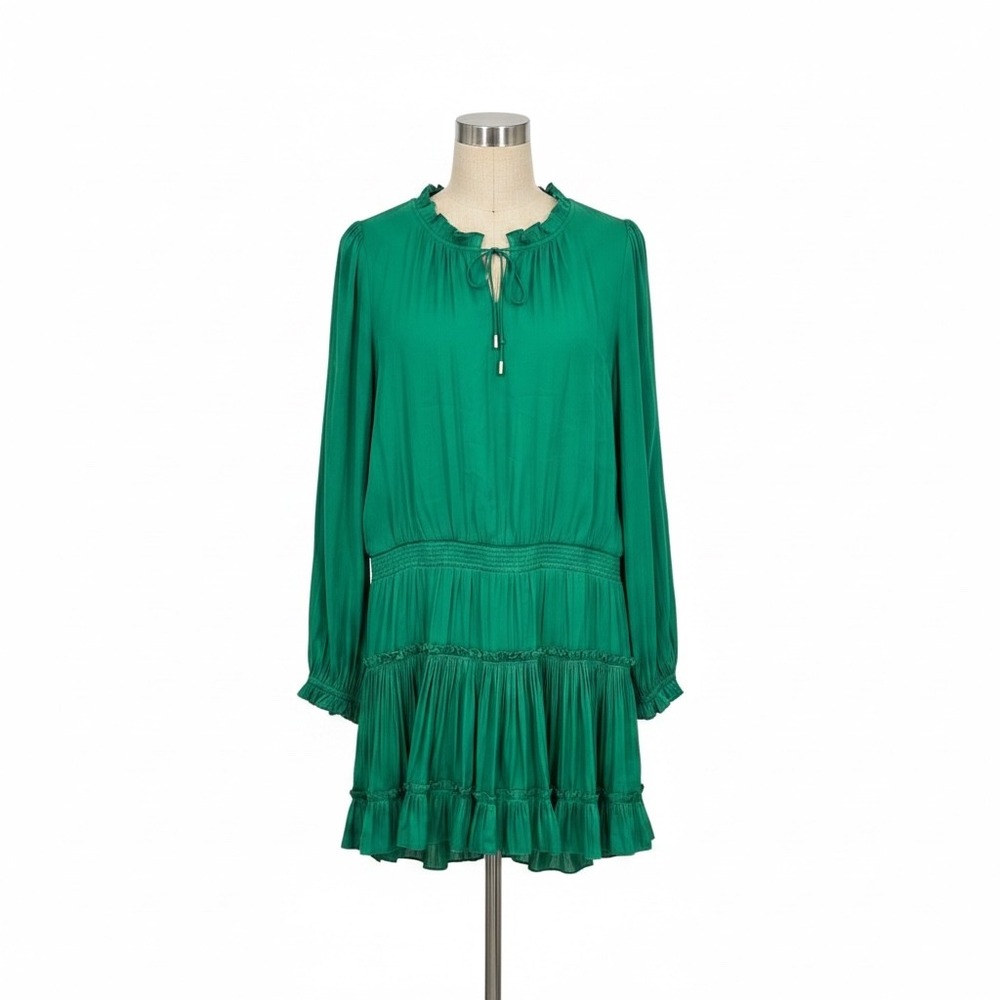 Skies Are Blue Green Tiered Ruffle Mini Dress Long Sleeve Large